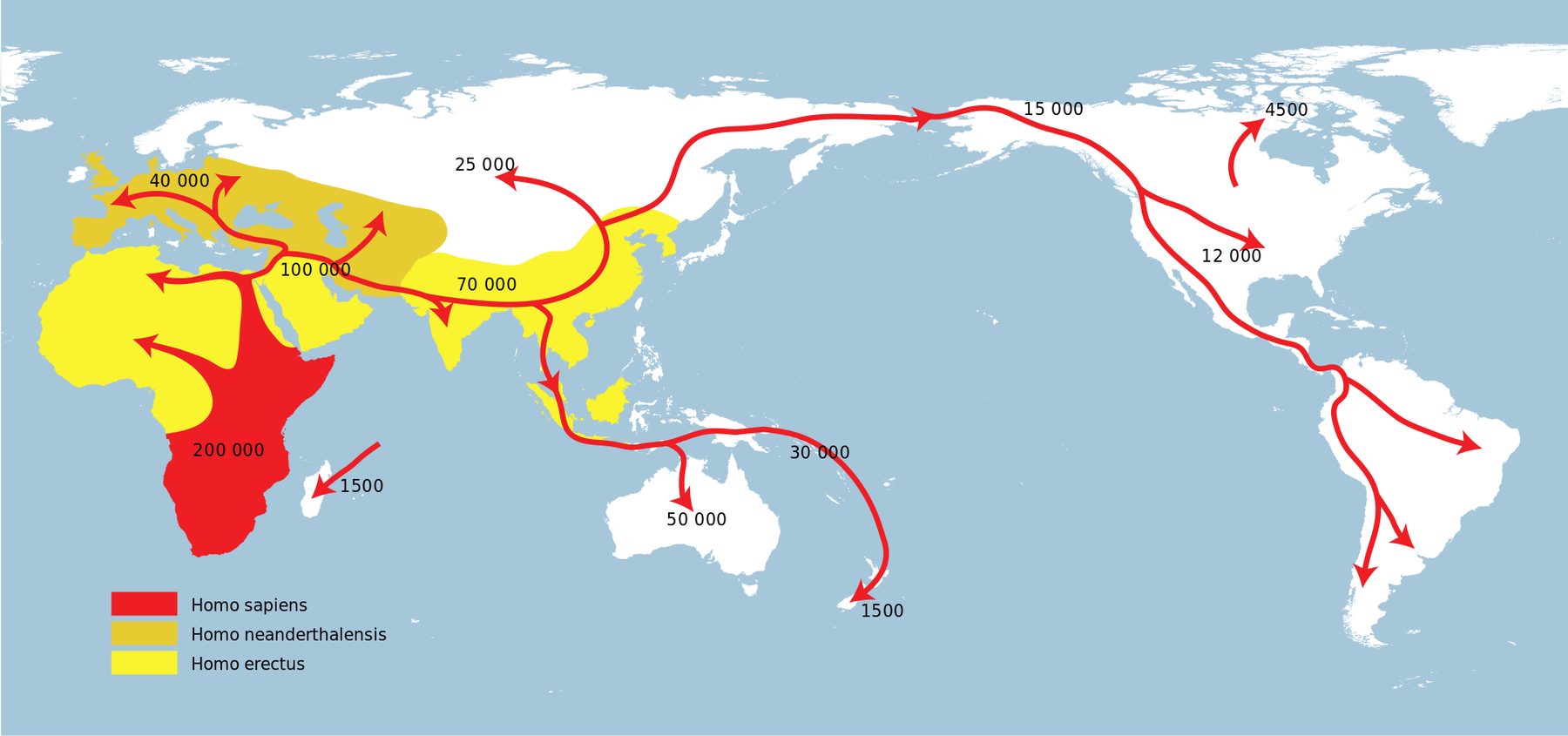 Mappa della diffusione dell'Homo sapiens fuori dall'Africa