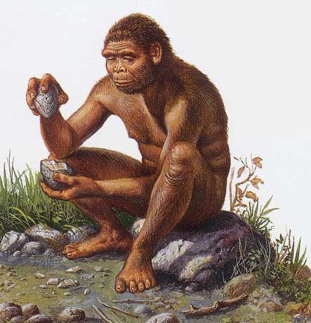 Ricostruzione di un hominide che lavora la pietra